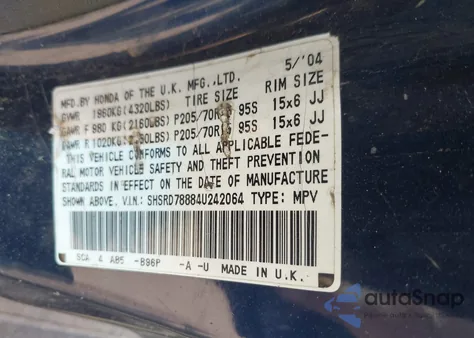 2004 Honda Cr-V Ex из США, поврежденный, VIN SHSRD78884U242064